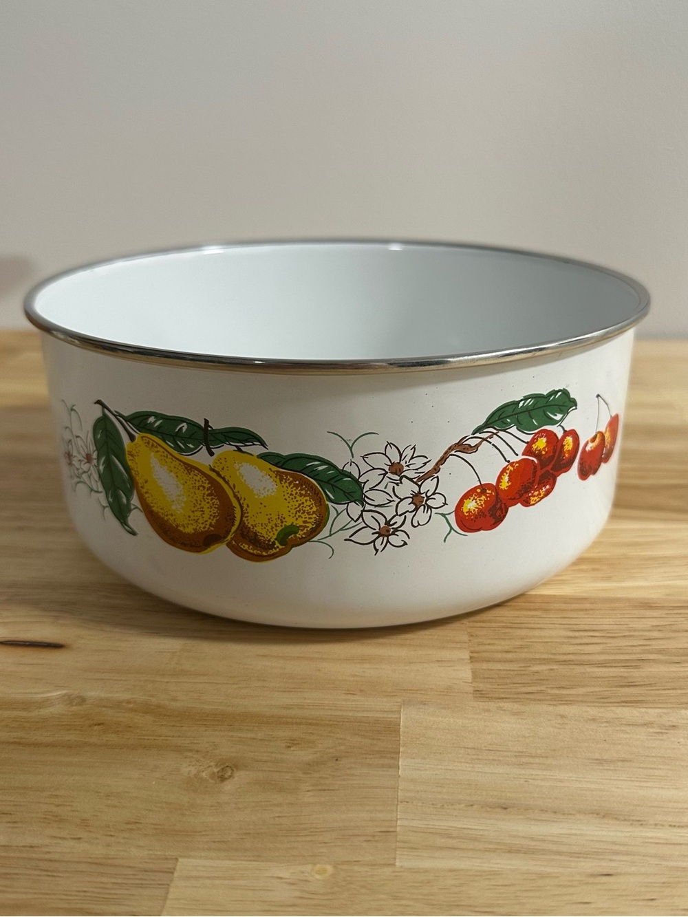 Vintage White Enamel Fruit Bowl with Pear & Cherry Design